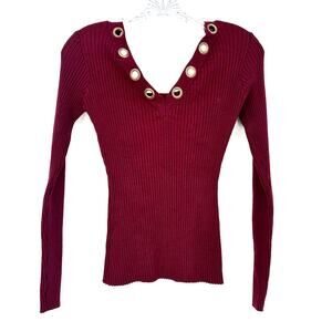 Venus Womens Ribbed Knit Top Sz Small Burgundy Cotton V Grommet Neck Long Sleeve